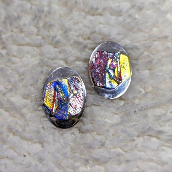 Vintage Sterling Silver and Dichroic Glass Accent Clip Earrings - Picture 7 of 8